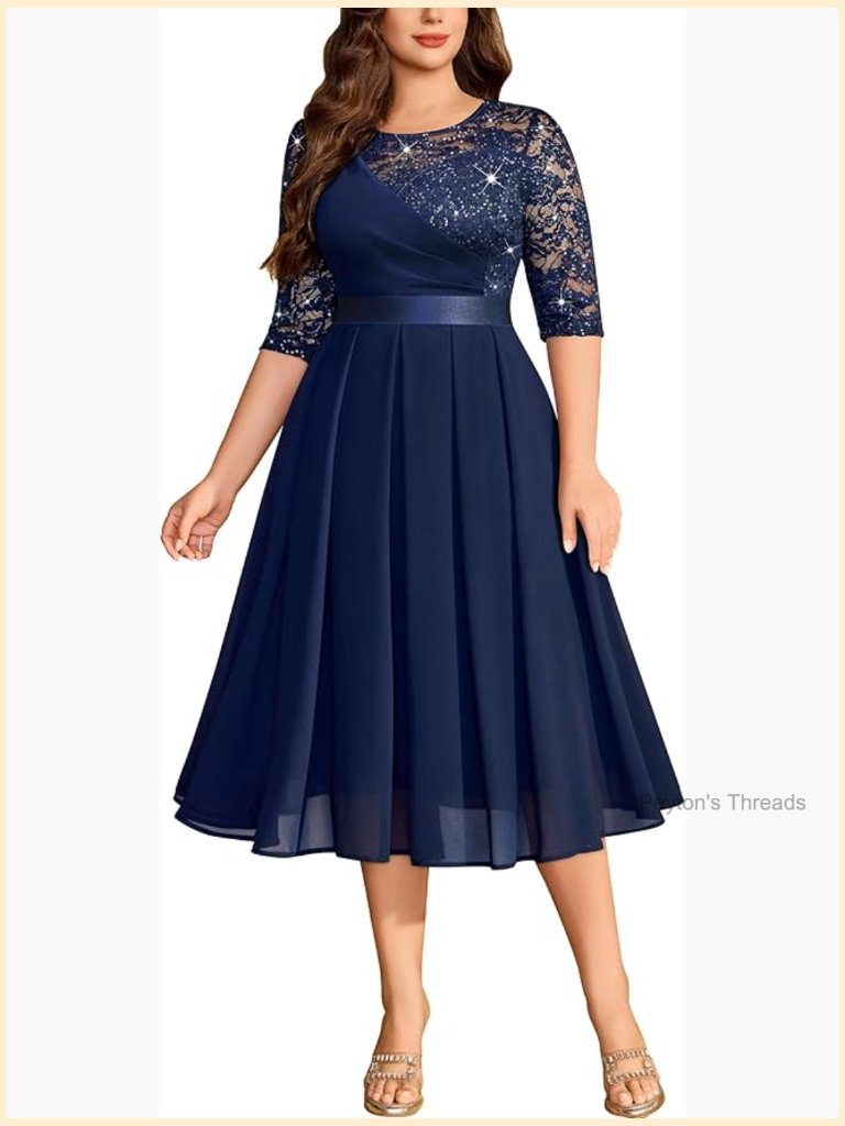 Plus Size Sequin Lace Contrast Pleated Chiffon Midi Formal Dress